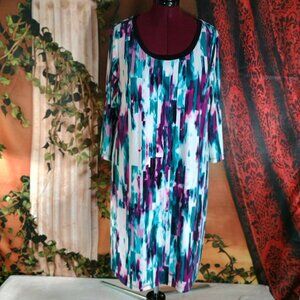 NWT Calvin Klein 2X Purple, Teal & White Abstract Print 3/4 Sleeve Sheath Dress